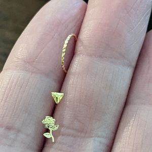 Gold nose rings, nose studs, body jewelry 3pc